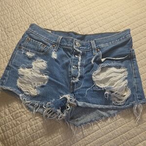 Levi's Ripped Light Blue Button-Front Jean Shorts